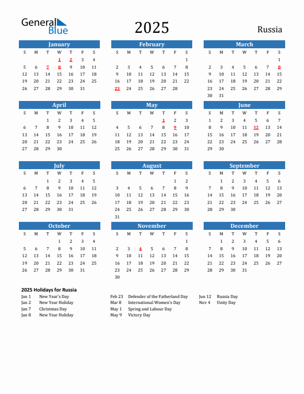 Russia 2025 Calendar with Holidays