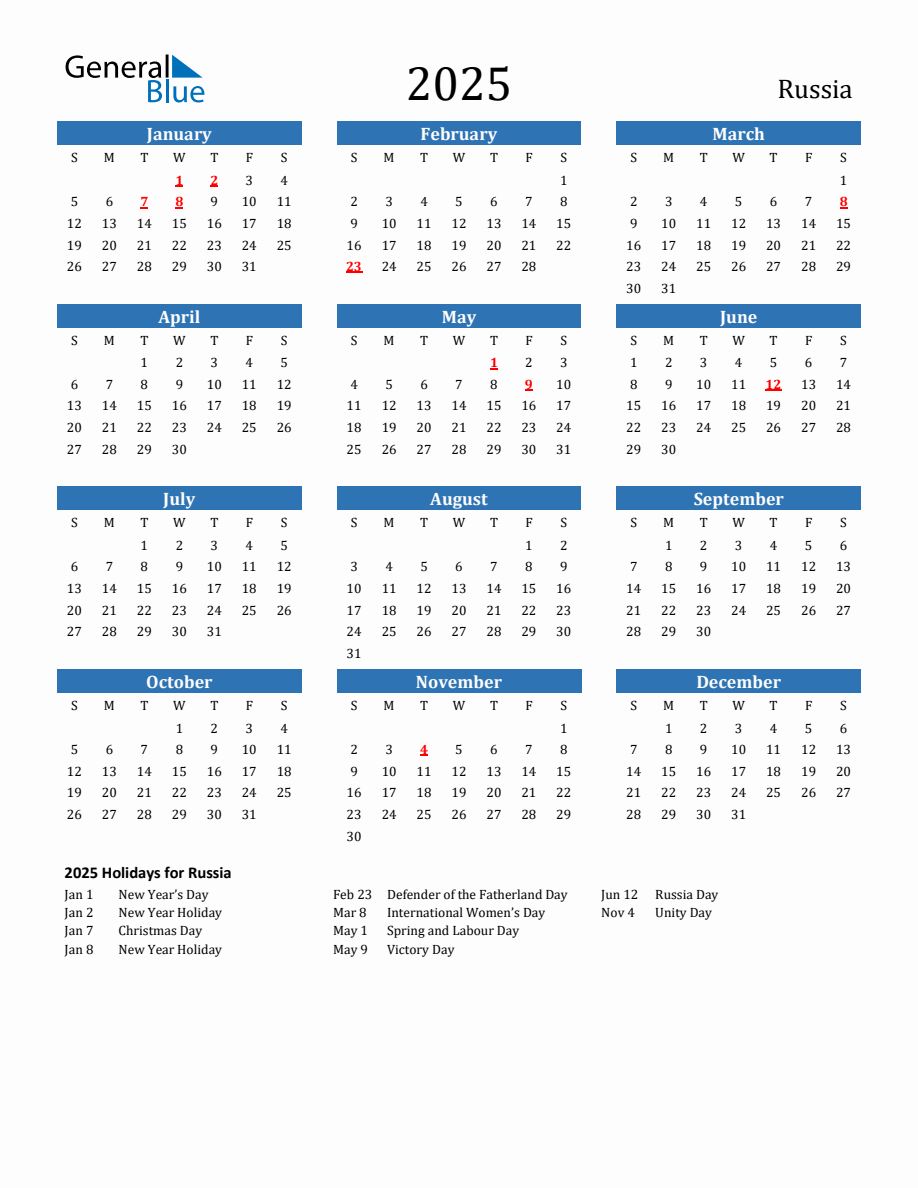 Russia 2025 Calender