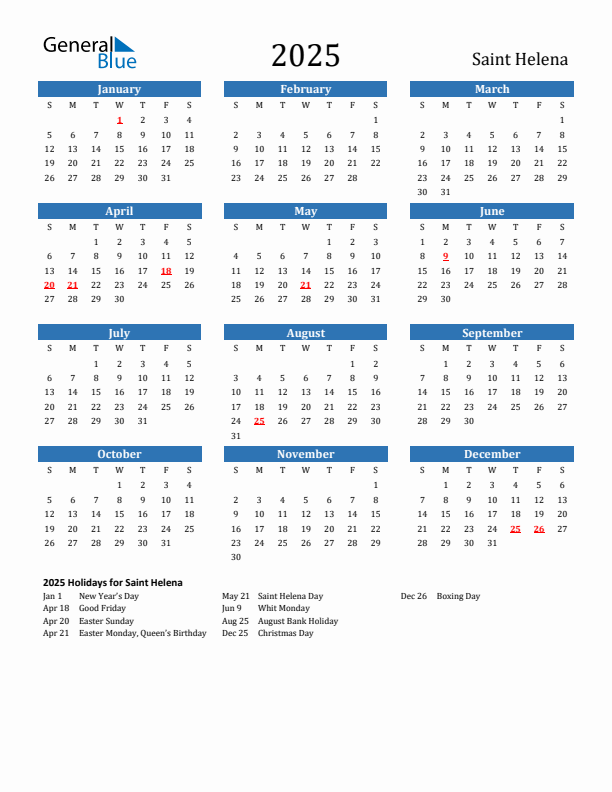 Saint Helena 2025 Calendar with Holidays