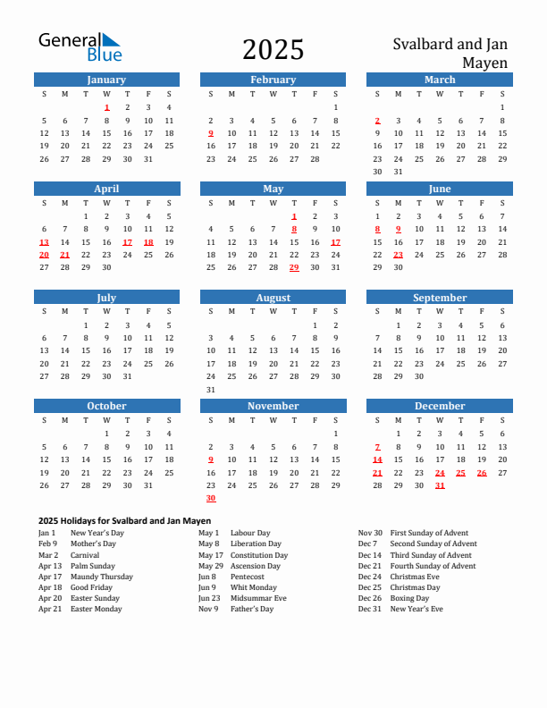 Svalbard and Jan Mayen 2025 Calendar with Holidays