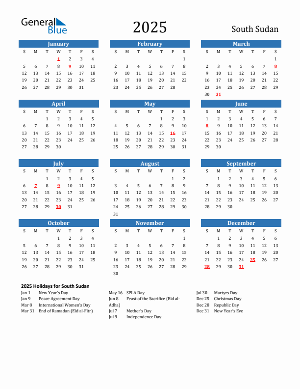 South Sudan 2025 Calendar with Holidays