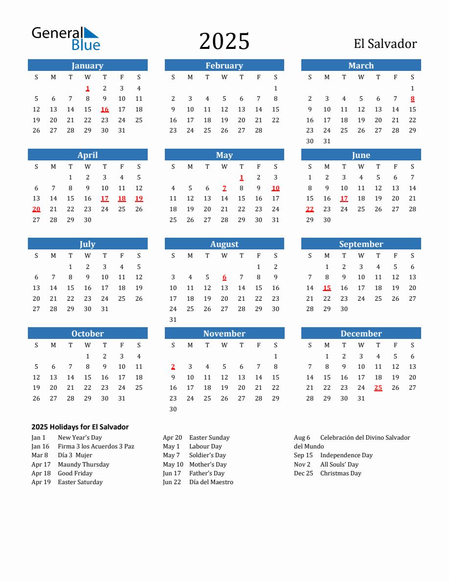 El Salvador 2025 Calendar with Holidays