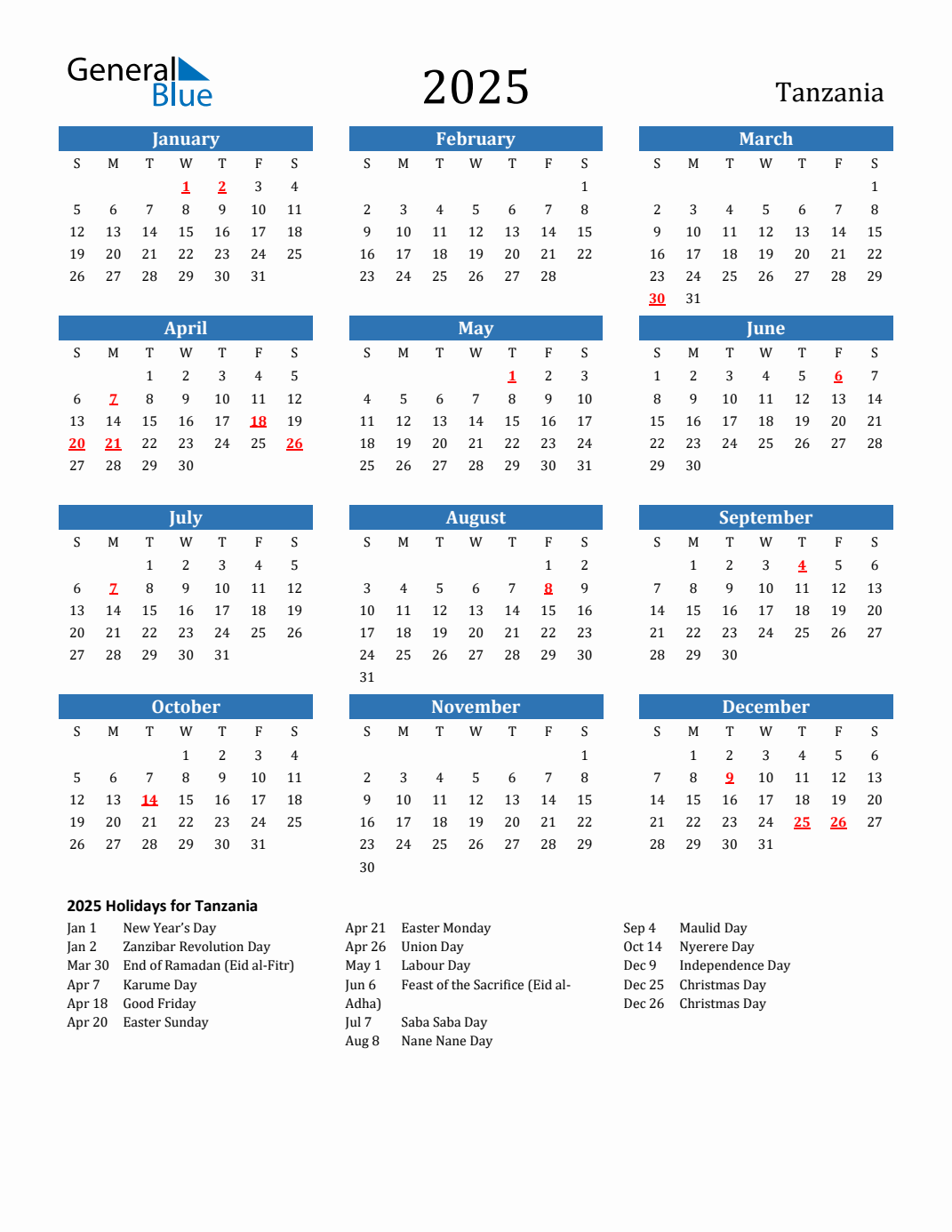 2025 Tanzania Calendar with Holidays