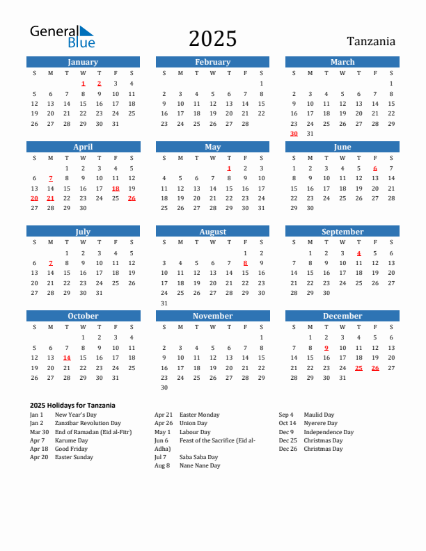 Tanzania 2025 Calendar with Holidays