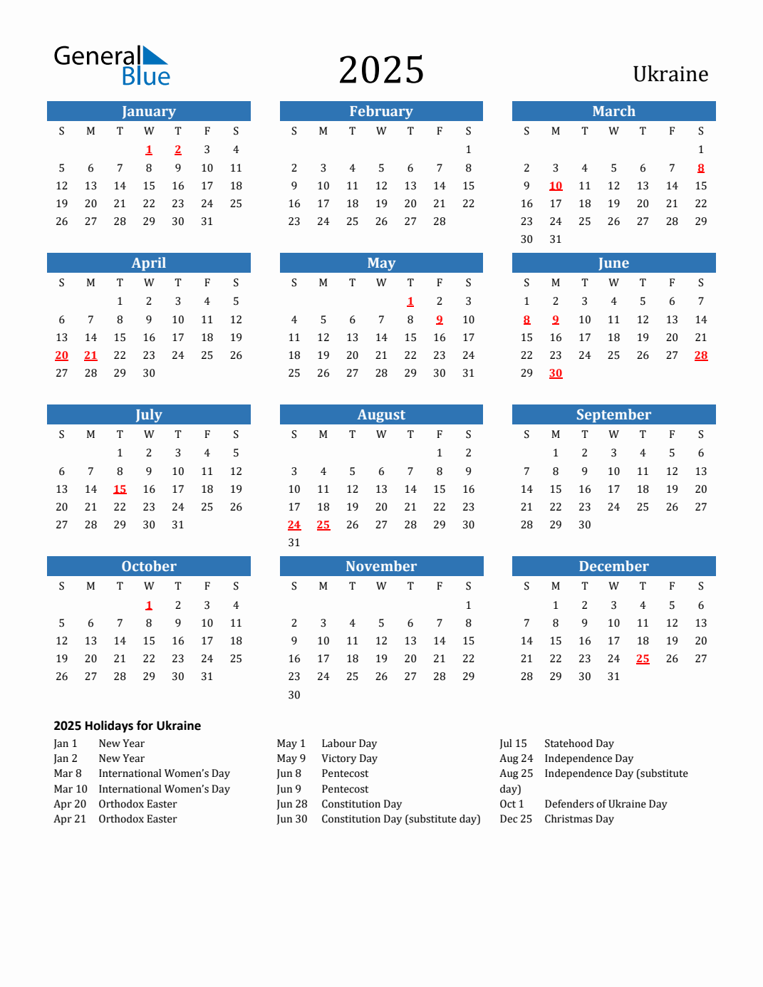 2025 Ukraine Calendar with Holidays