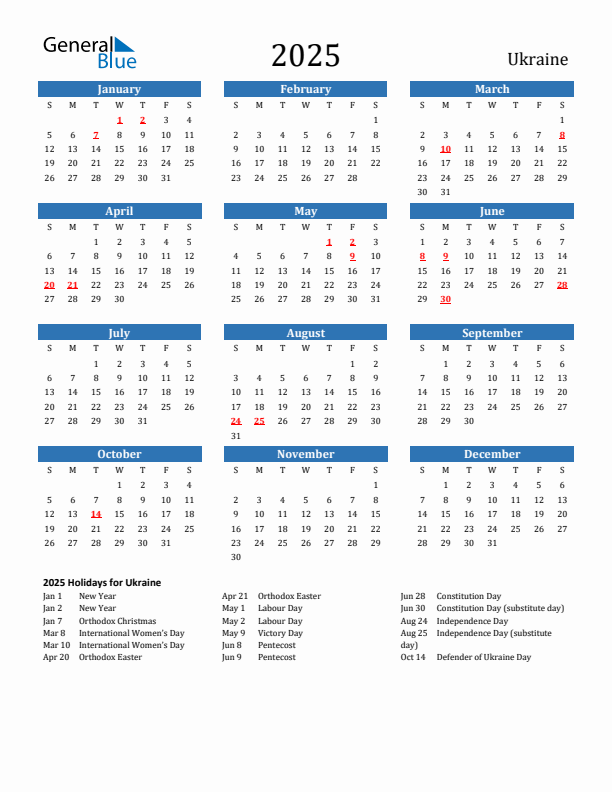 Ukraine 2025 Calendar with Holidays