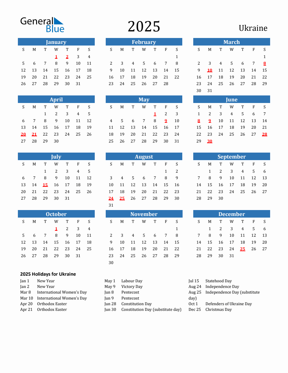 Ukraine 2025 Calendar with Holidays