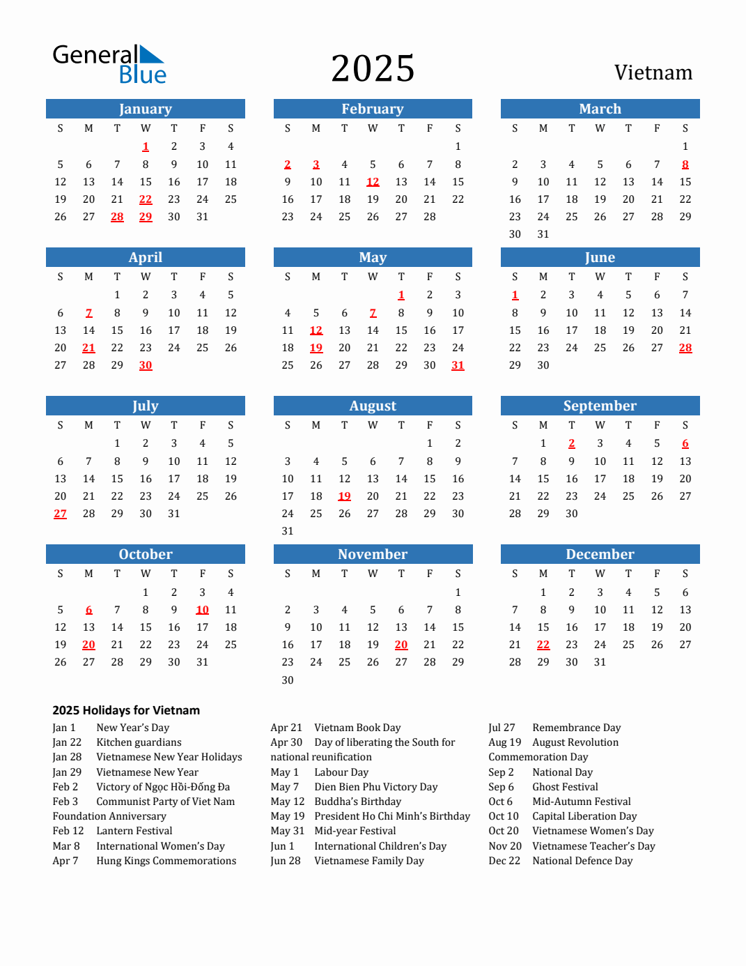 2025 Vietnam Calendar with Holidays