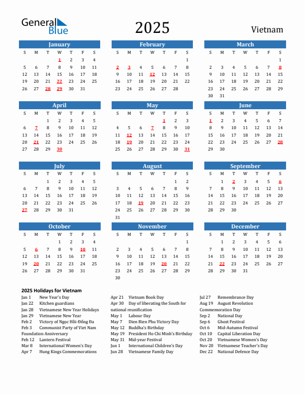 Vietnam 2025 Calendar with Holidays