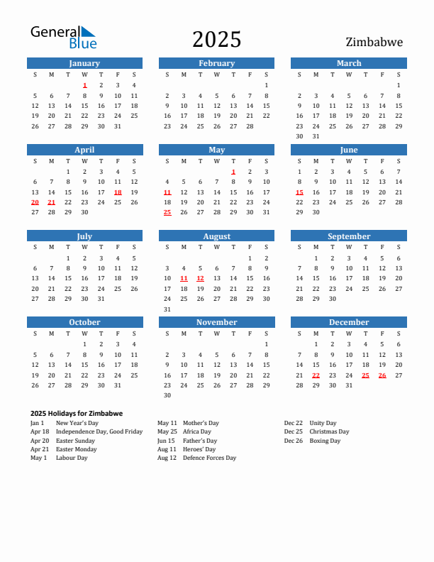 Zimbabwe 2025 Calendar with Holidays