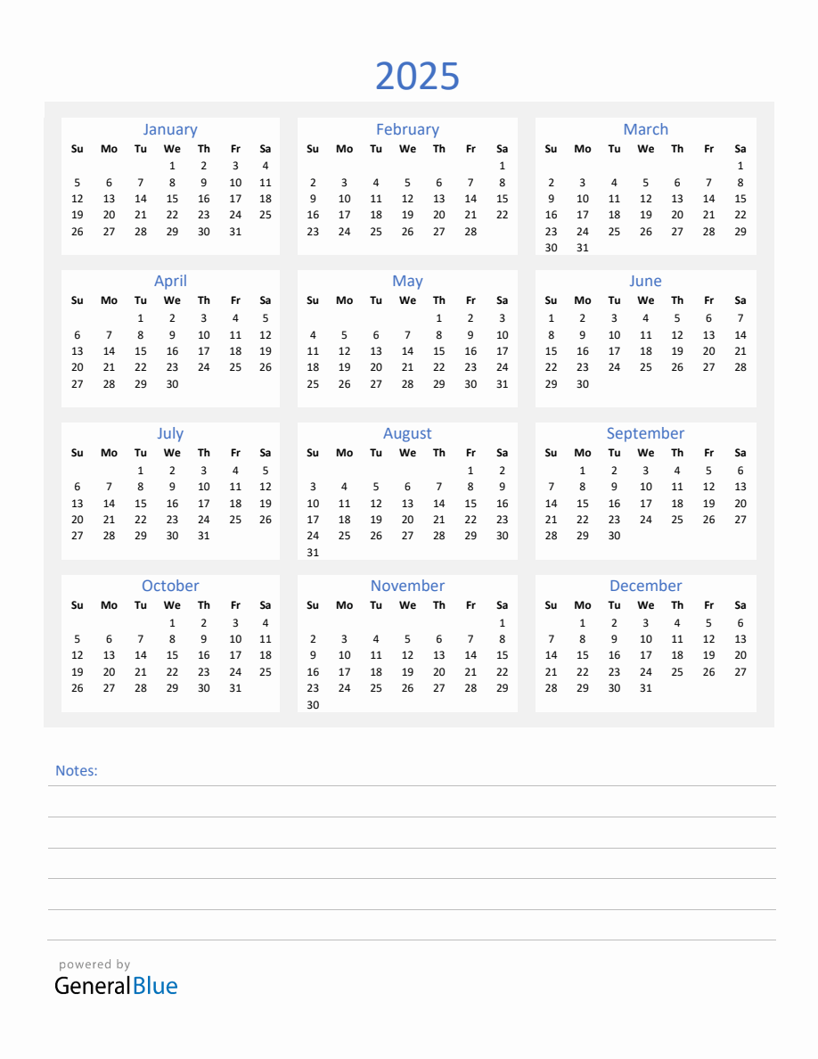 2025 Yearly Calendar Template With Notes Section