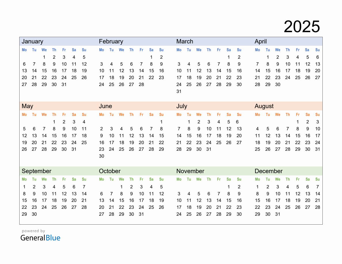 Free Downloadable 2025 Yearly Calendar Template