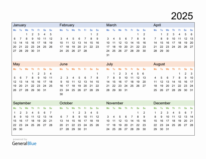 Free Downloadable 2025 Yearly Calendar Template 