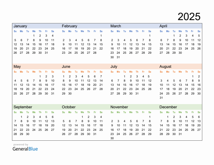 Free Downloadable 2025 Yearly Calendar Template 
