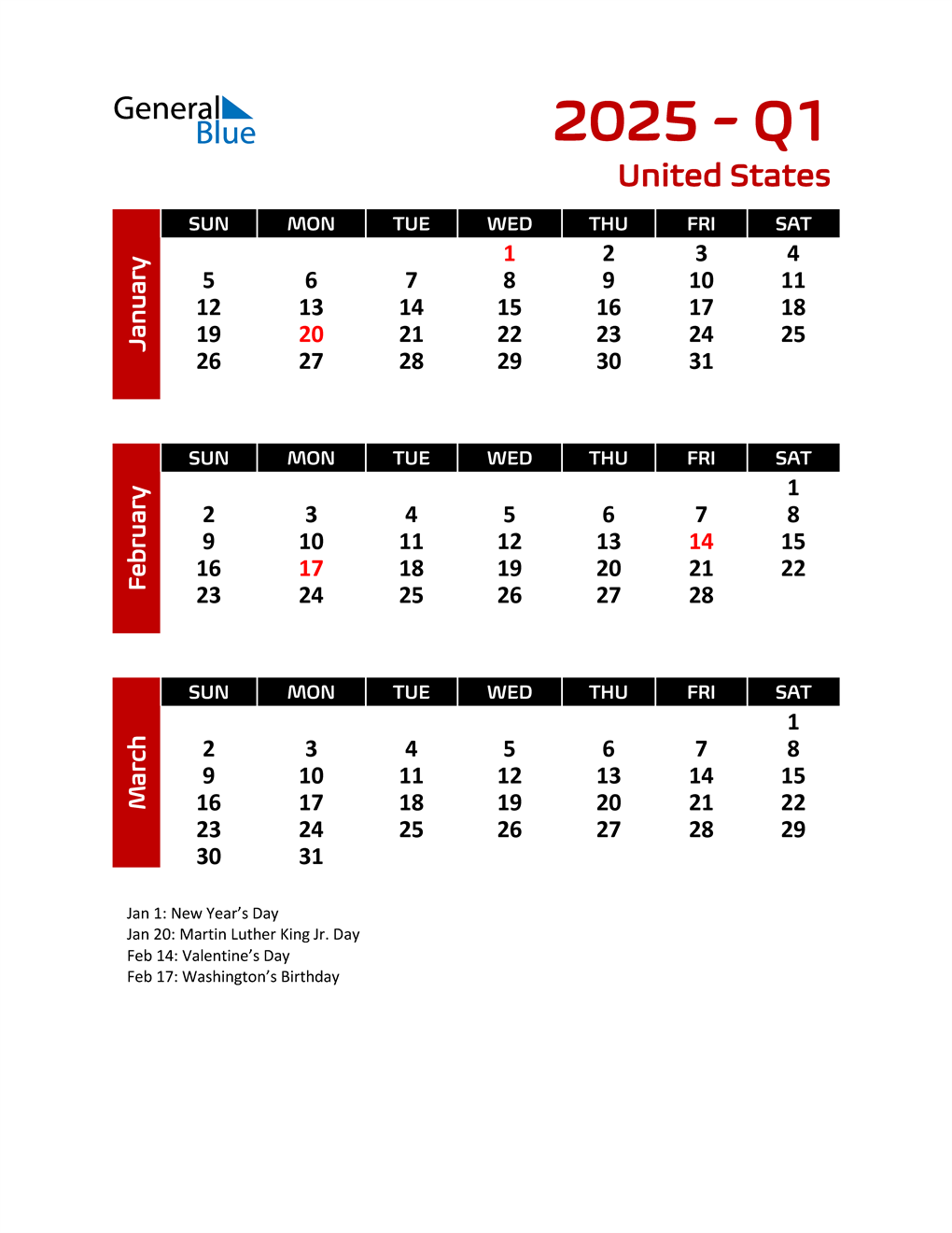 Q1 2025 Quarterly Calendar with United States Holidays