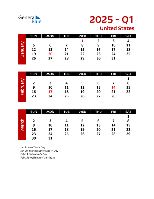 Q1 2025 Quarterly Calendar with United States Holidays