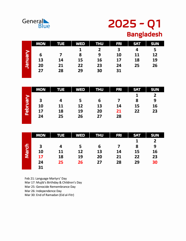 Threemonth calendar for Bangladesh Q1 of 2025