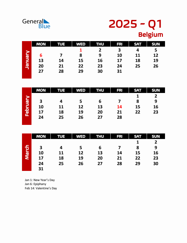 Q1 2025 Monday Start Quarterly Calendar with Belgium Holidays