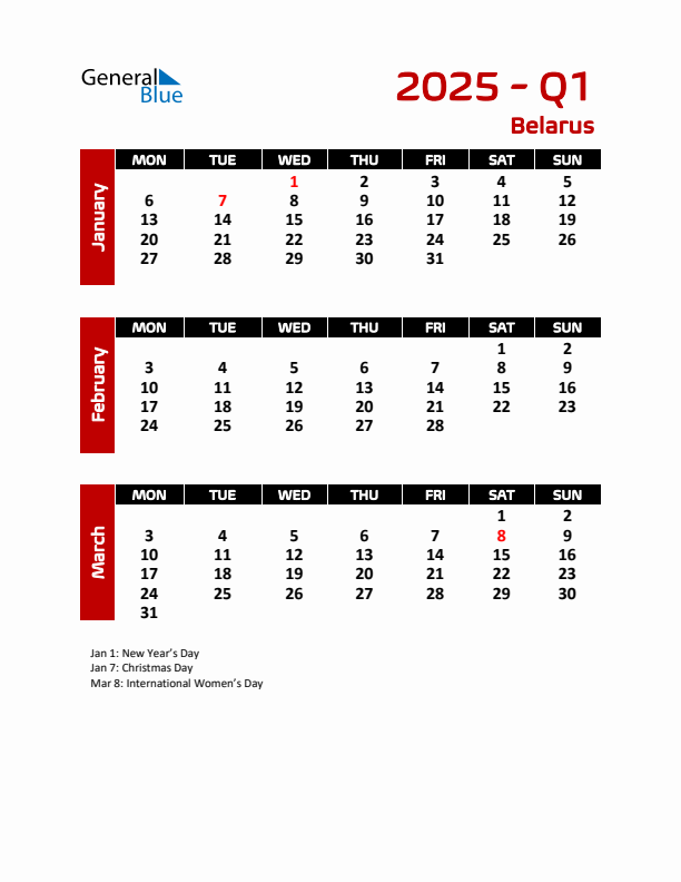Threemonth calendar for Belarus Q1 of 2025