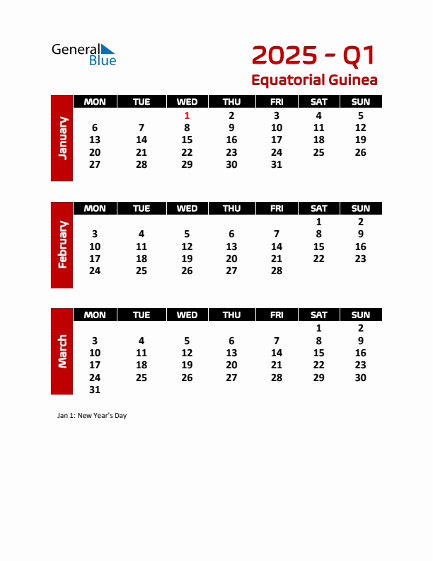 Q1 2025 Monday Start Quarterly Calendar with Equatorial Guinea Holidays