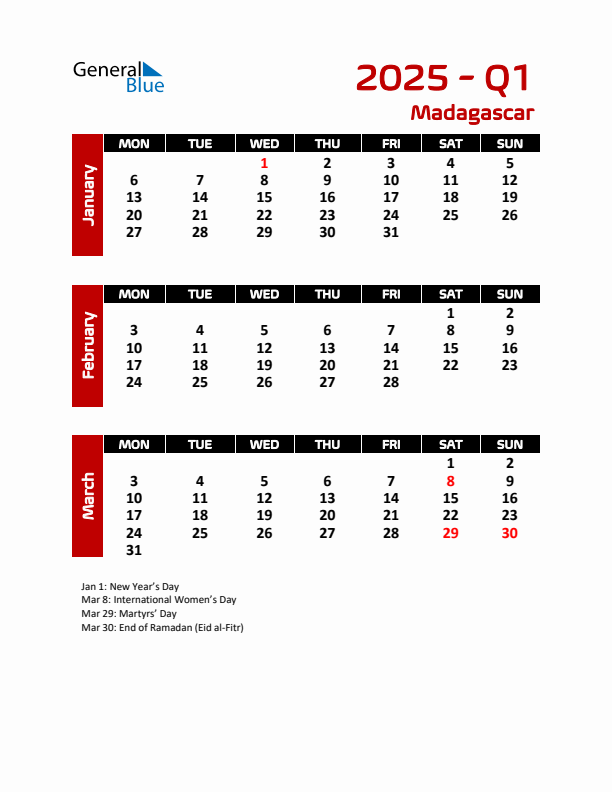 Q1 2025 Calendar with Holidays