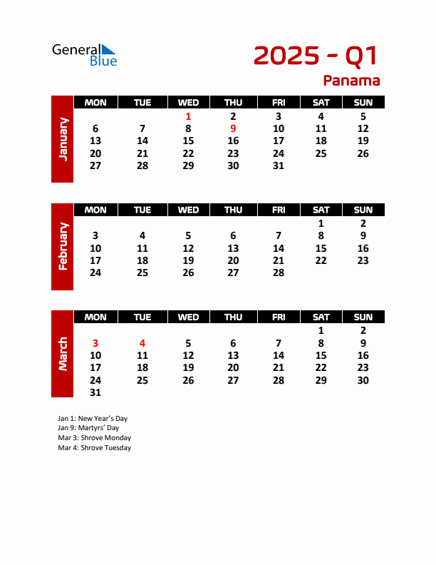 Threemonth calendar for Panama Q1 of 2025
