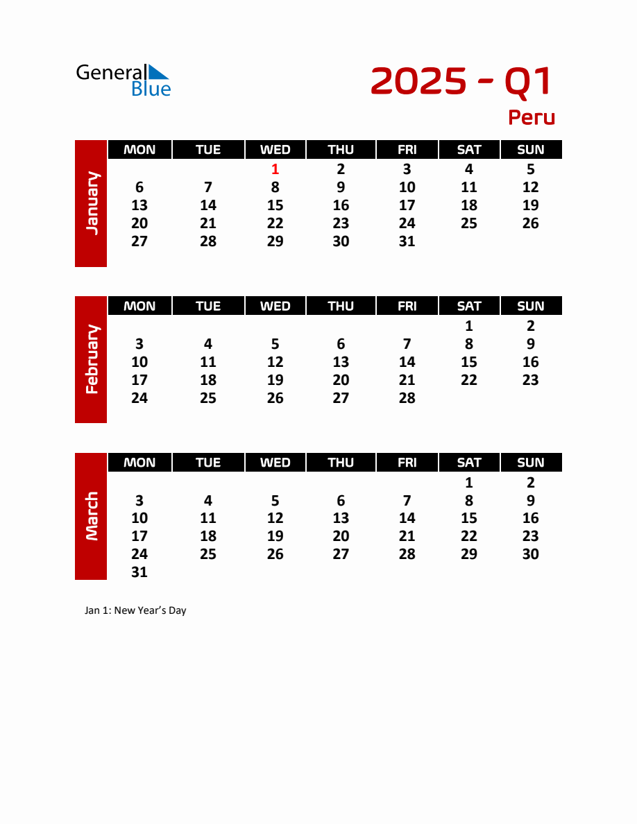 Q1 2025 Calendar with Holidays