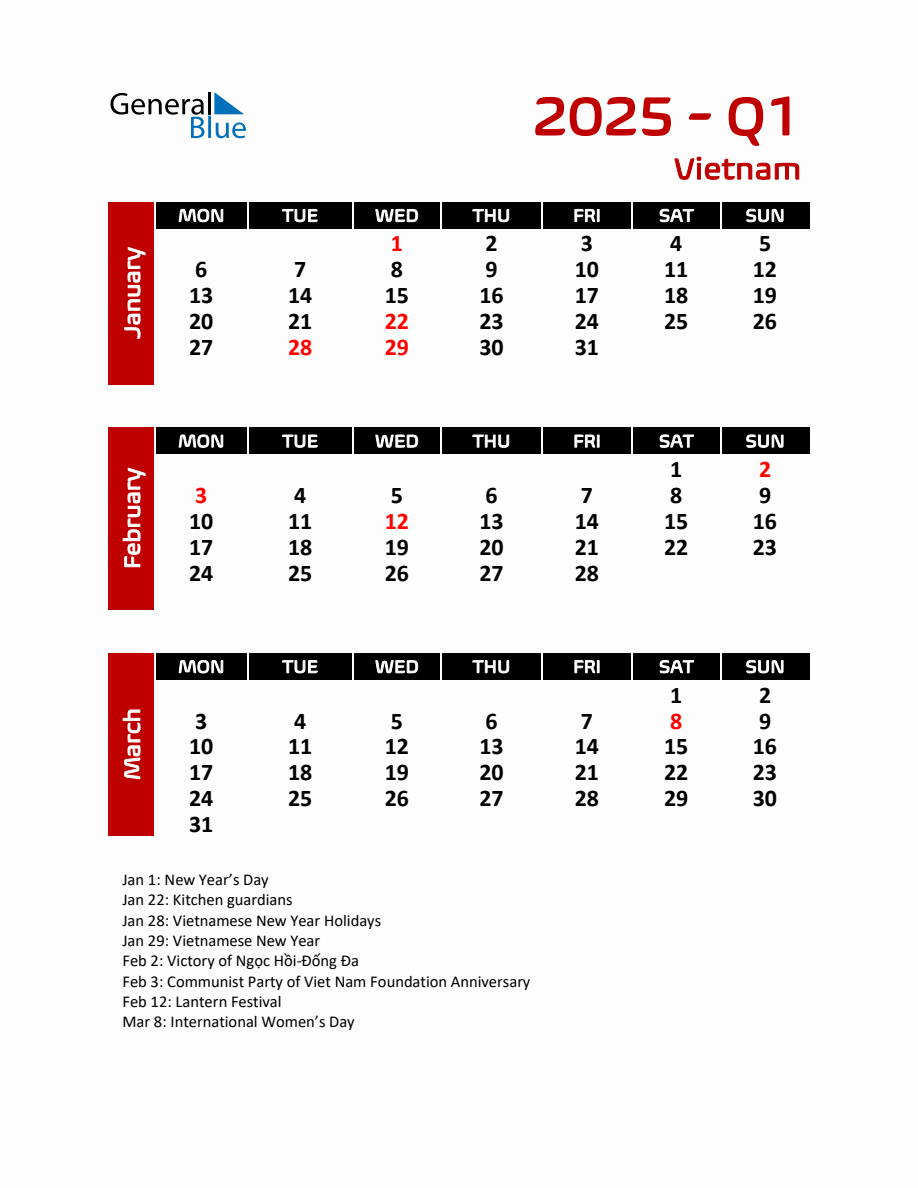 Q1 2025 Calendar with Holidays