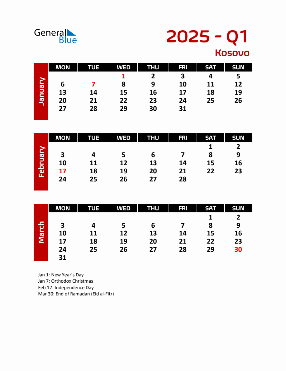 Q1 2025 Calendar with Holidays