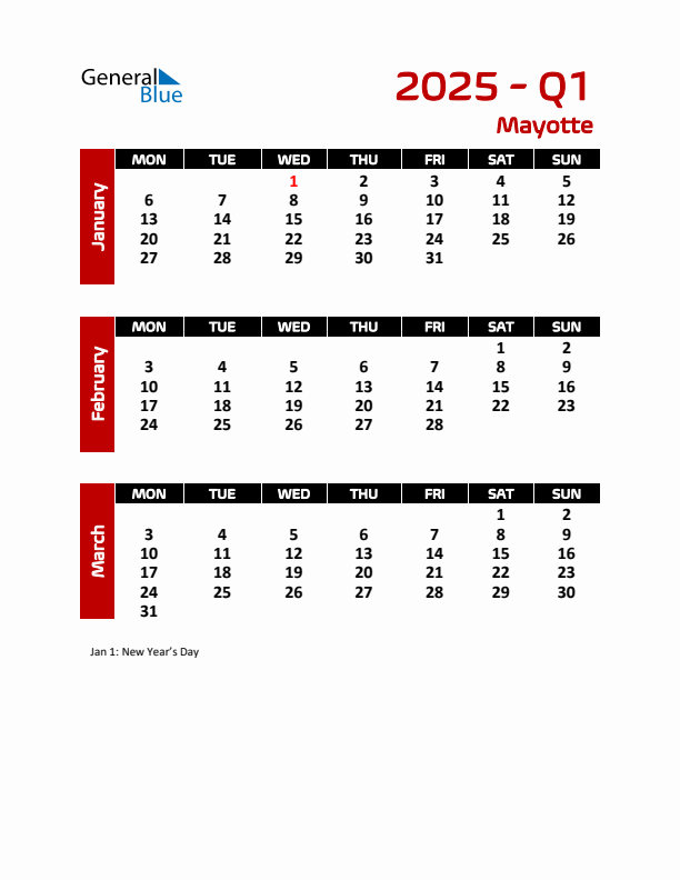 Threemonth calendar for Mayotte Q1 of 2025
