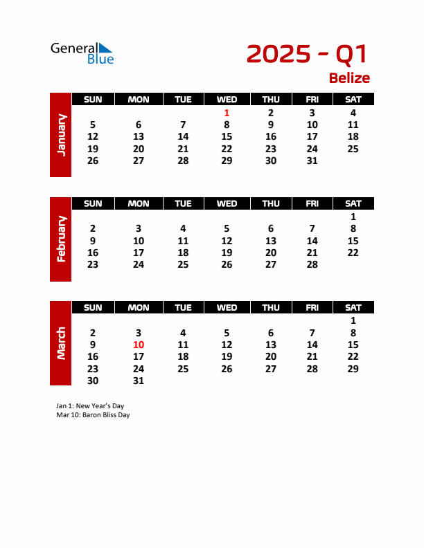 Q1 2025 Quarterly Calendar with Belize Holidays