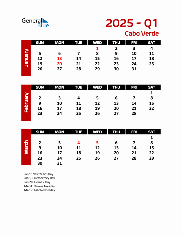 Q1 2025 Quarterly Calendar with Cabo Verde Holidays (PDF, Excel, Word)