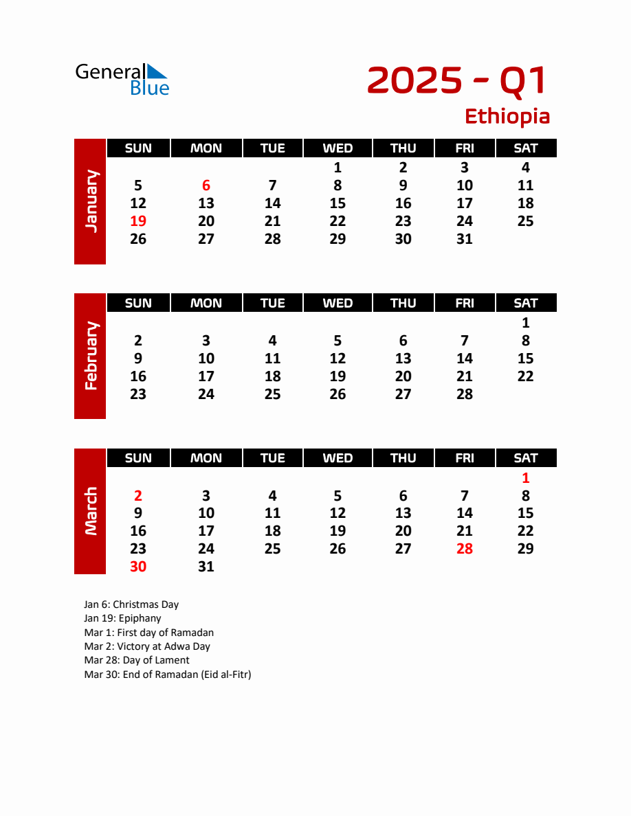 Q1 2025 Calendar with Holidays