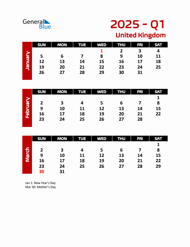Q1 2025 Quarterly Calendar with United Kingdom Holidays
