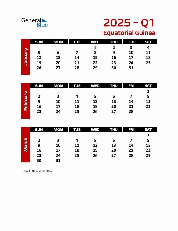 Q1 2025 Quarterly Calendar with Equatorial Guinea Holidays