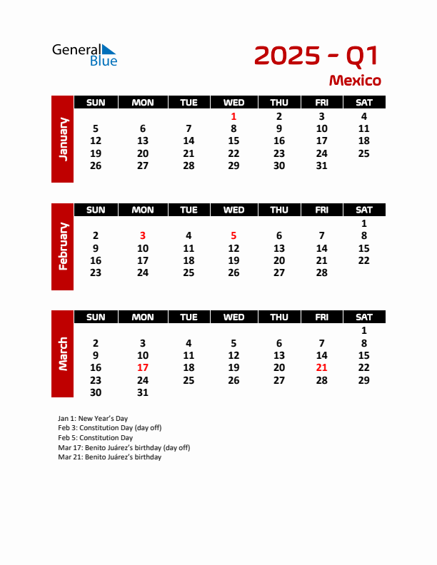 Q1 2025 Quarterly Calendar with Mexico Holidays
