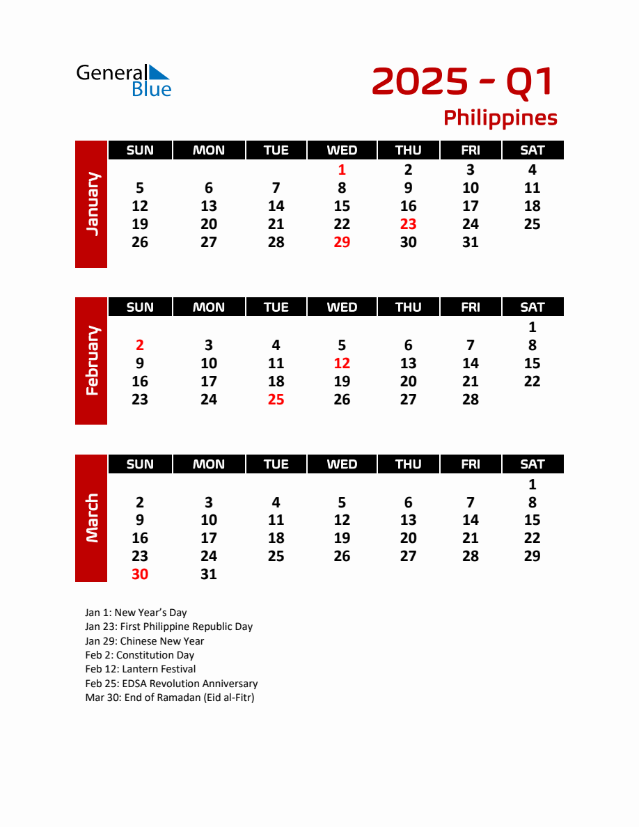 Q1 2025 Calendar with Holidays