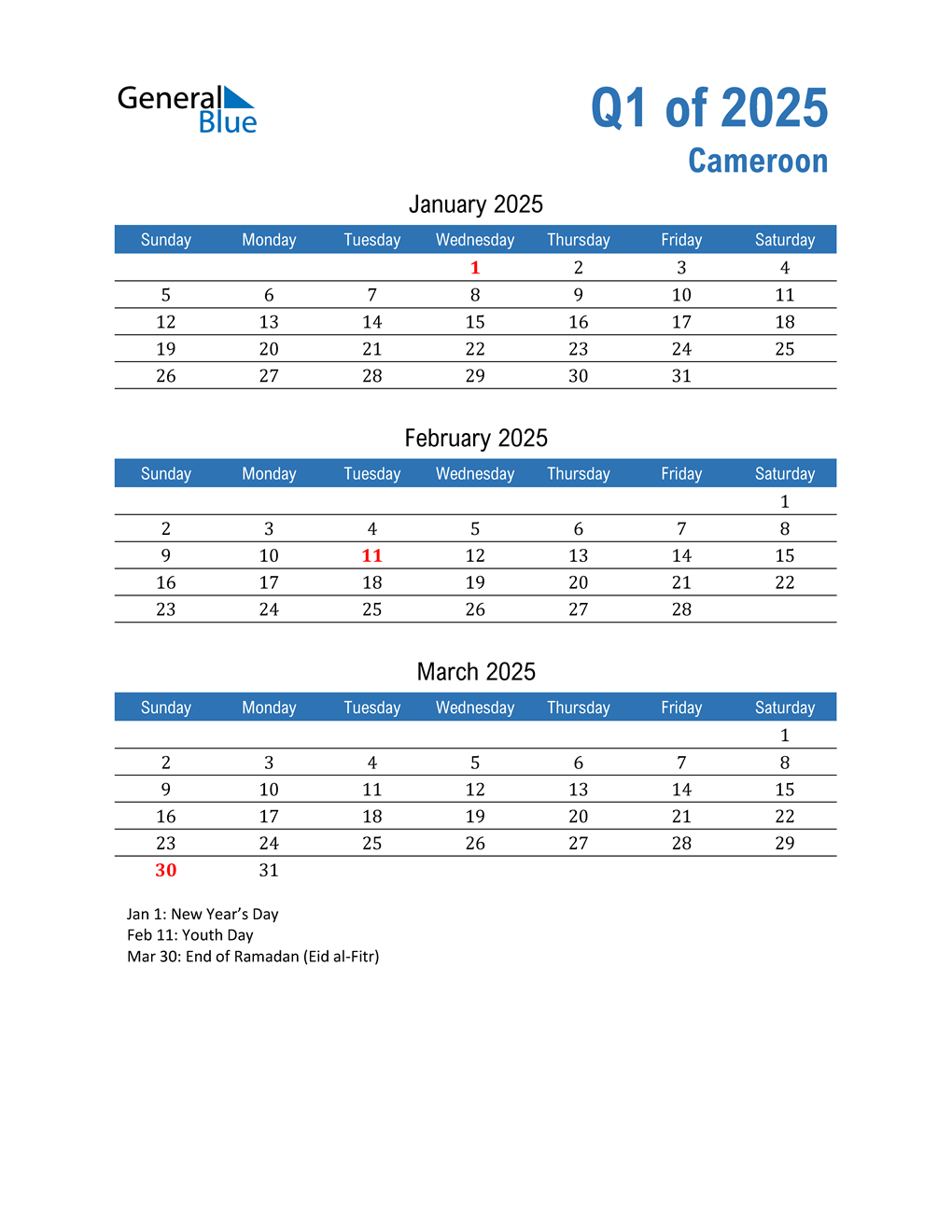  Cameroon 2025 Quarterly Calendar 