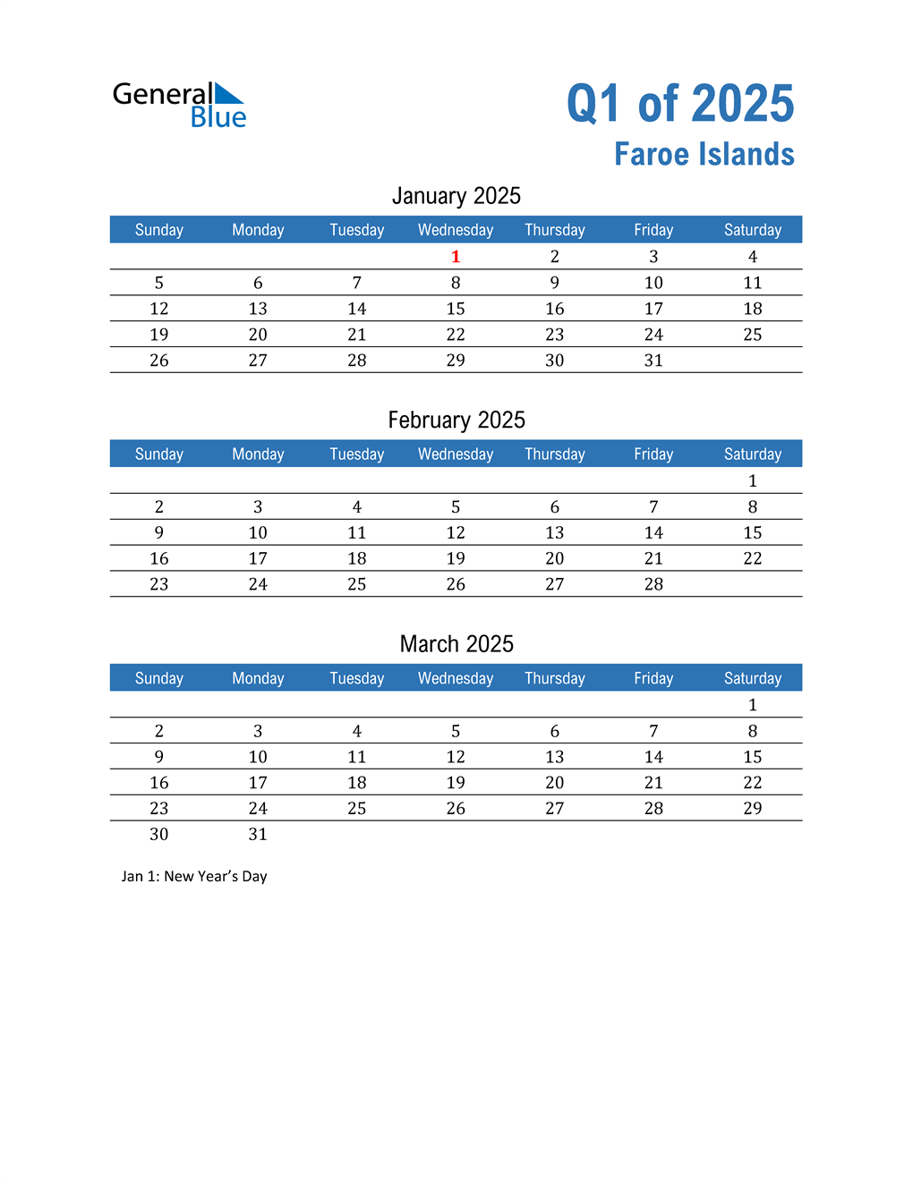  Faroe Islands 2025 Quarterly Calendar 