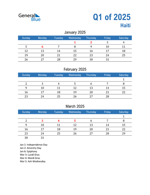  Haiti 2025 Quarterly Calendar 