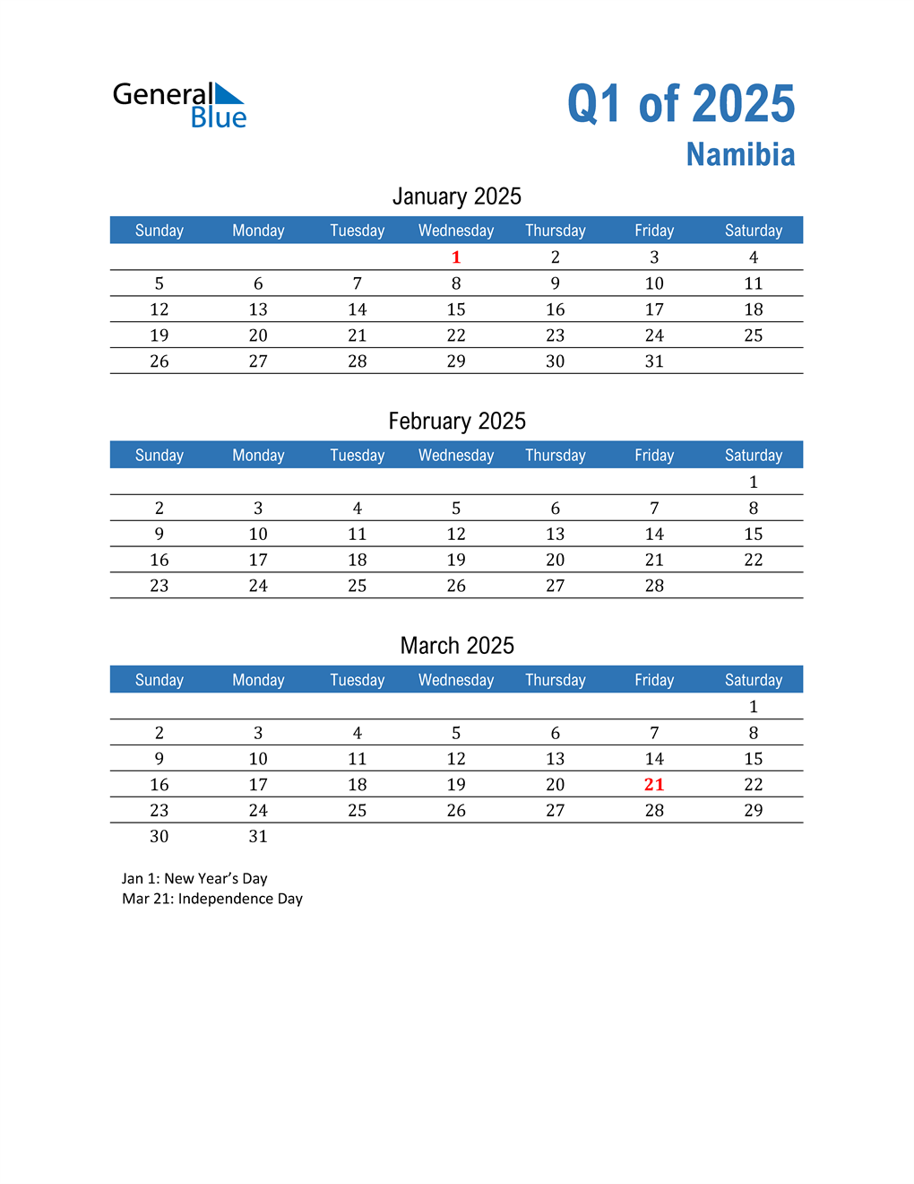  Namibia 2025 Quarterly Calendar 