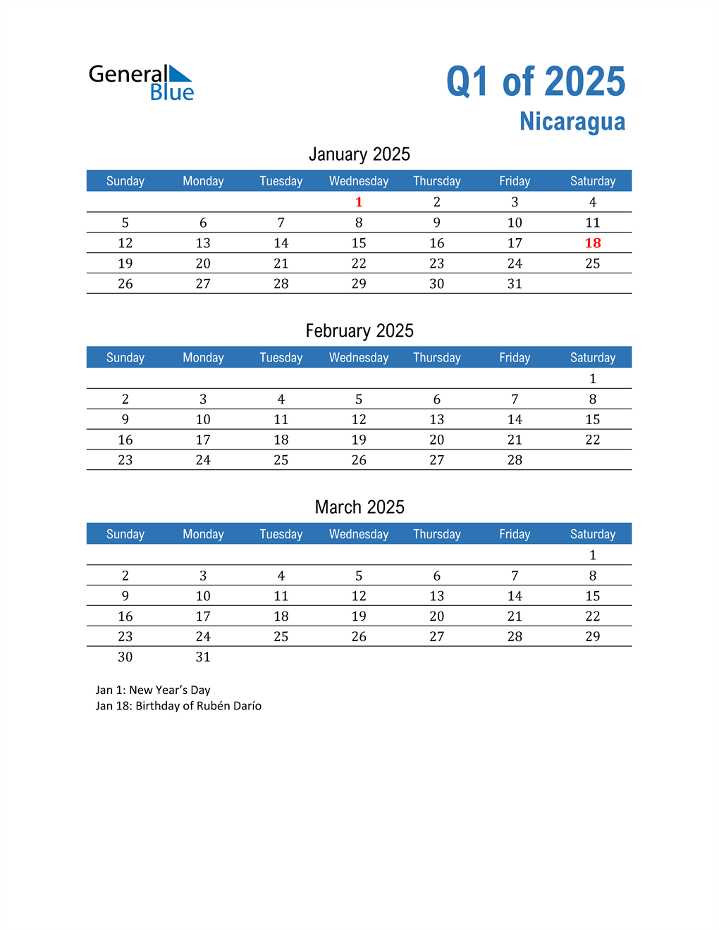  Nicaragua 2025 Quarterly Calendar 