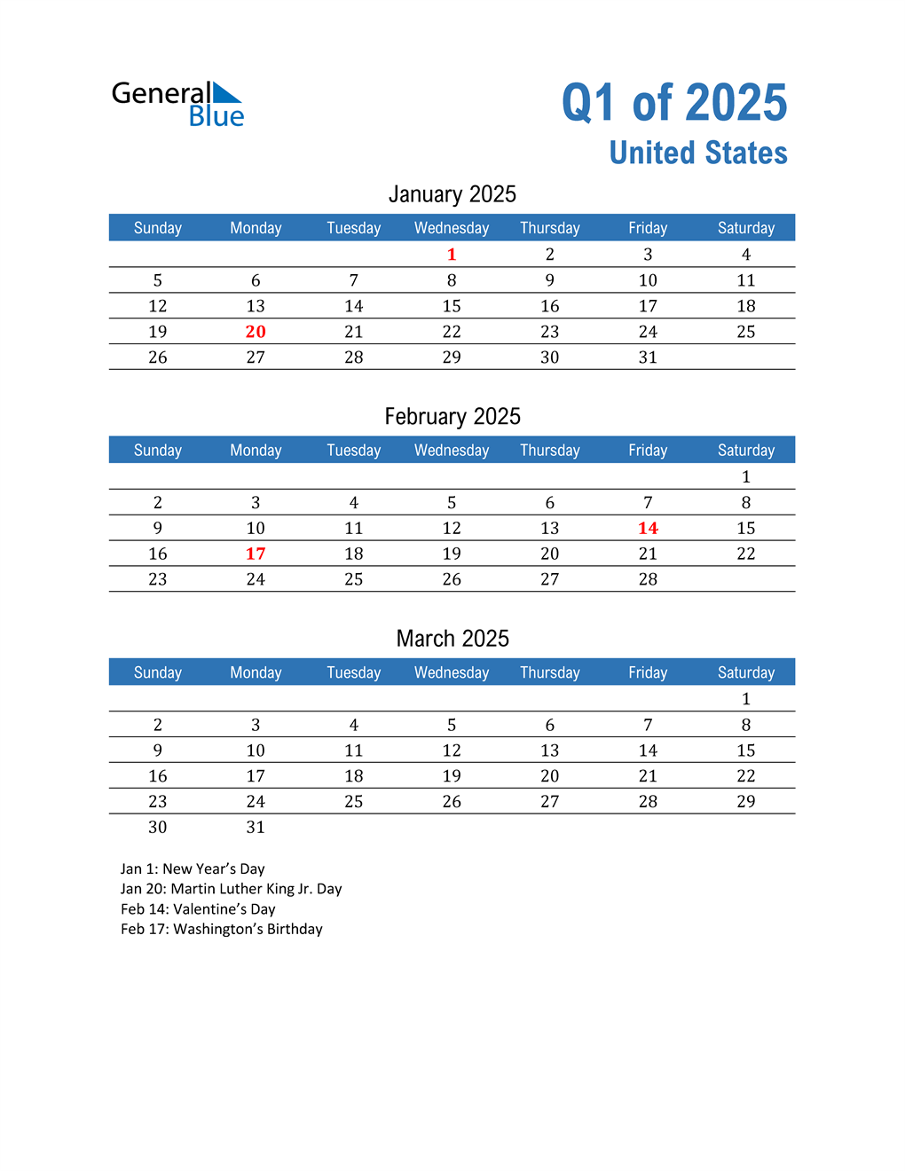 Q1 2025 Quarterly Calendar with United States Holidays