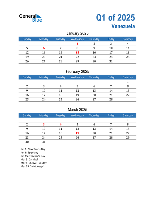  Venezuela 2025 Quarterly Calendar 