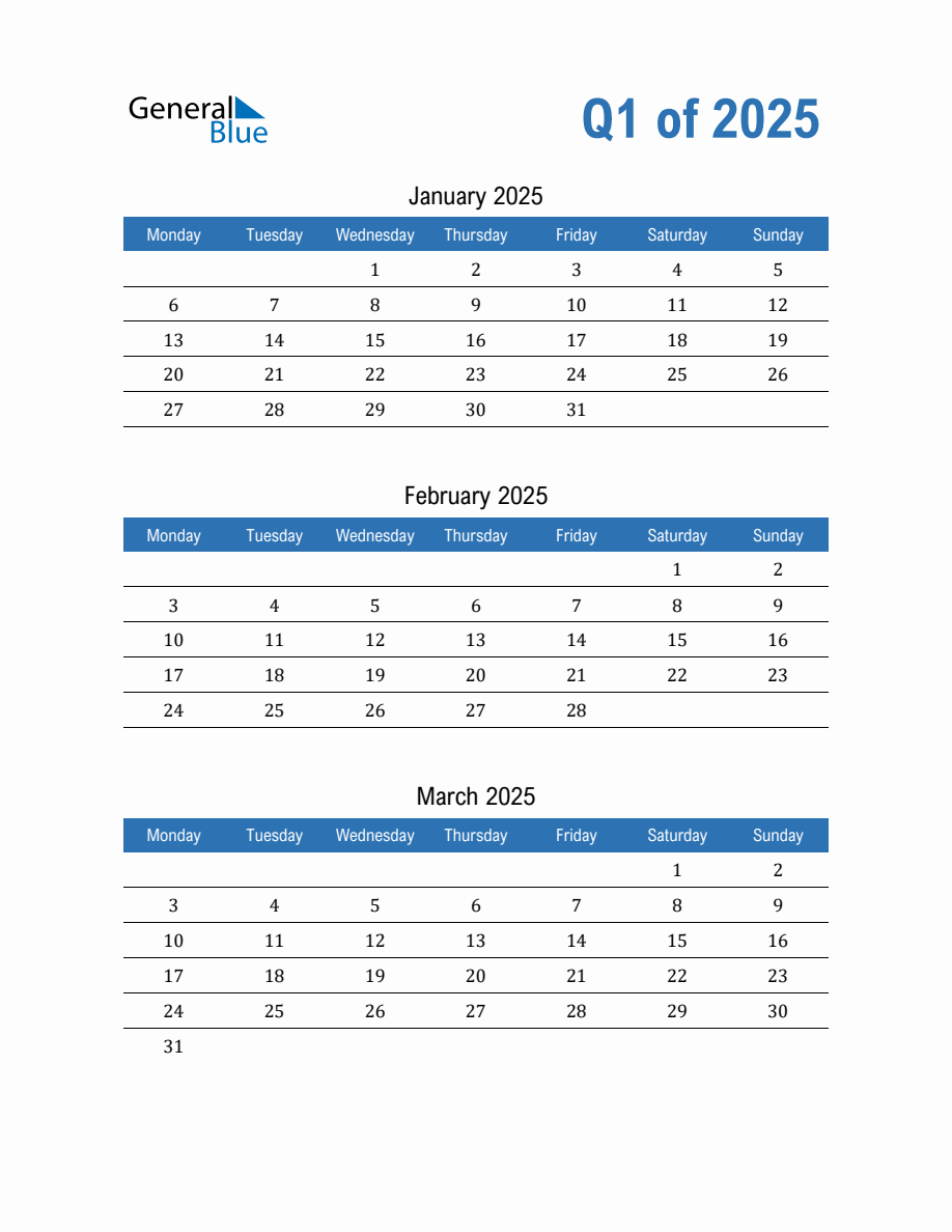 Blank Fillable Quarterly Calendar for Q1 2025 (PDF, Word, Excel)