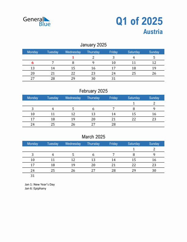 Austria 2025 Quarterly Calendar with Monday Start
