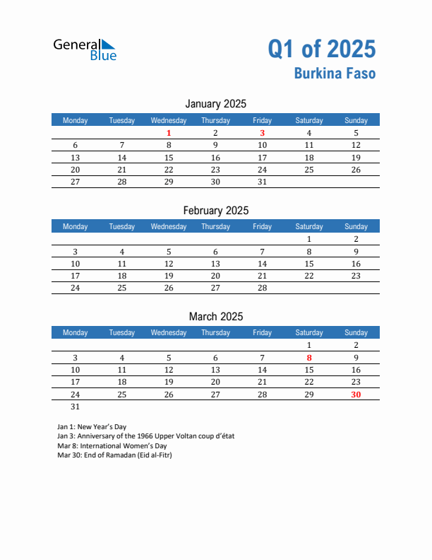 Burkina Faso 2025 Quarterly Calendar with Monday Start