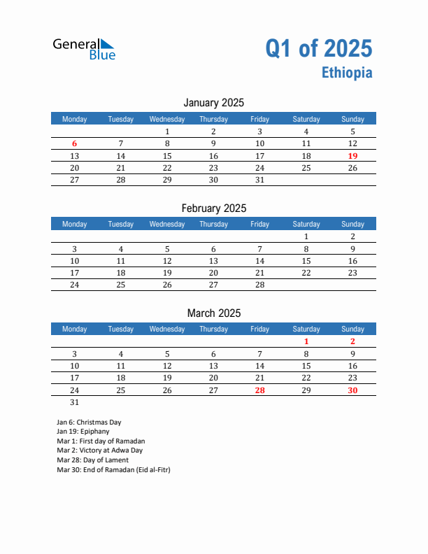 Ethiopia 2025 Quarterly Calendar with Monday Start