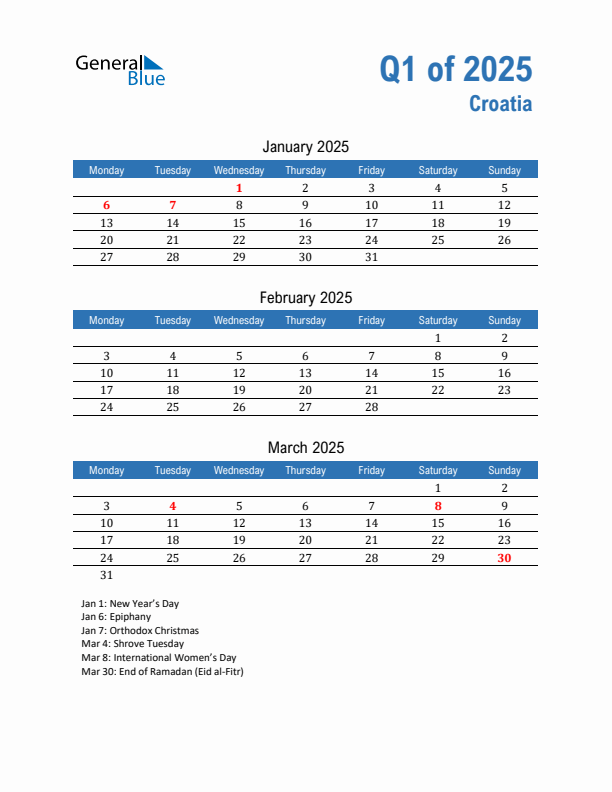 Croatia 2025 Quarterly Calendar with Monday Start