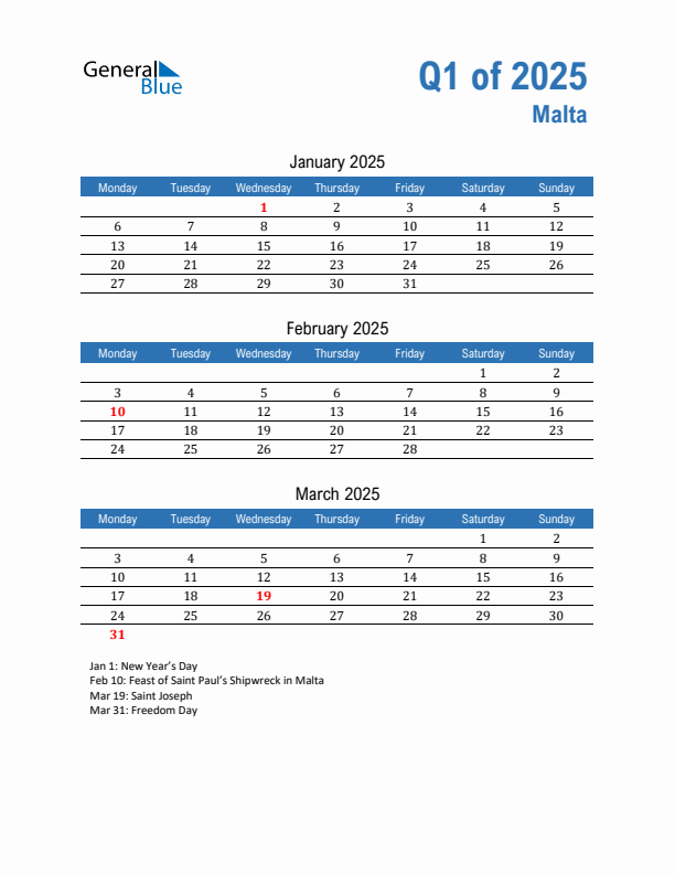 Malta 2025 Quarterly Calendar with Monday Start